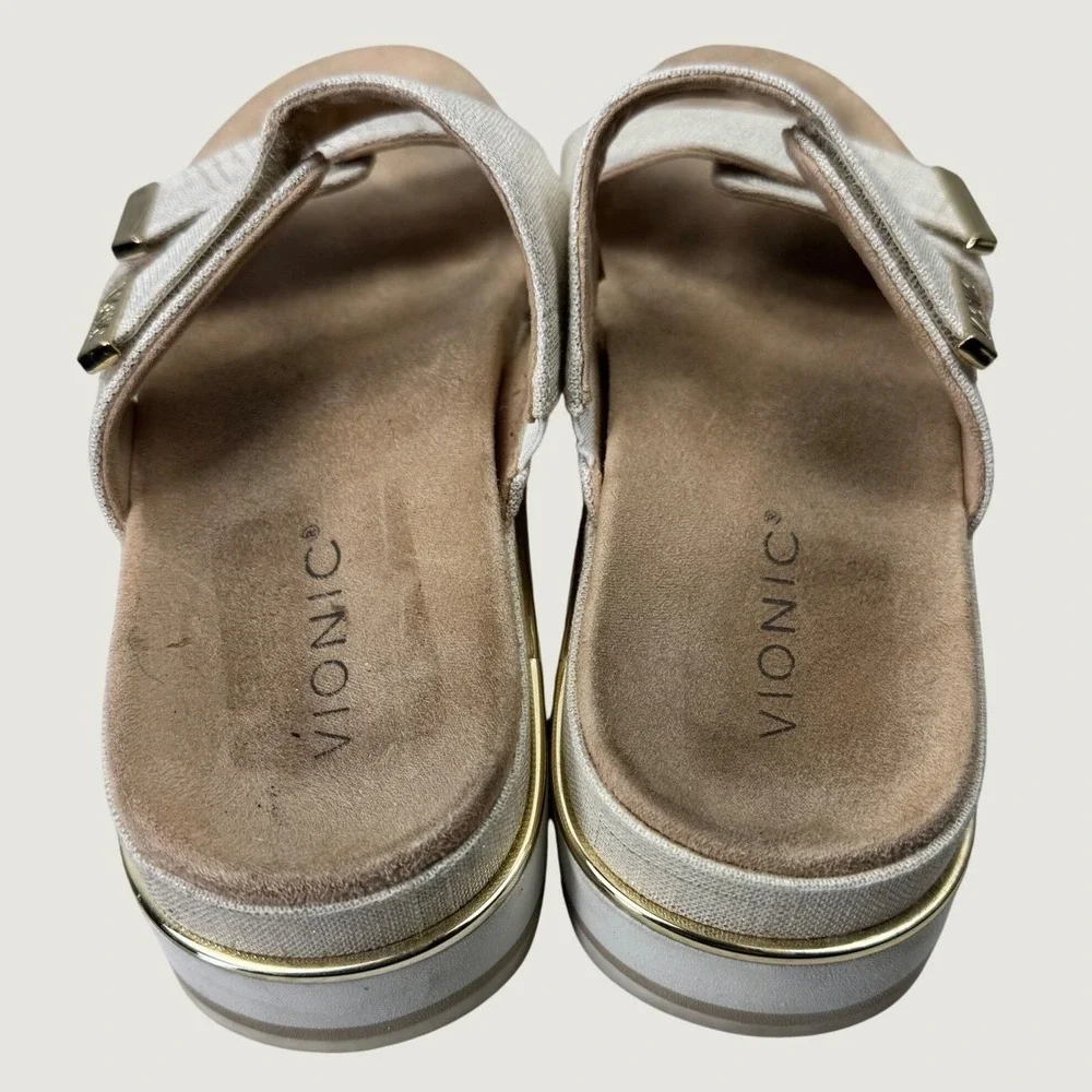Vionic Brandie Sandals Women 9 Cream Gold Platform Slide Orthotic Comfort Casual